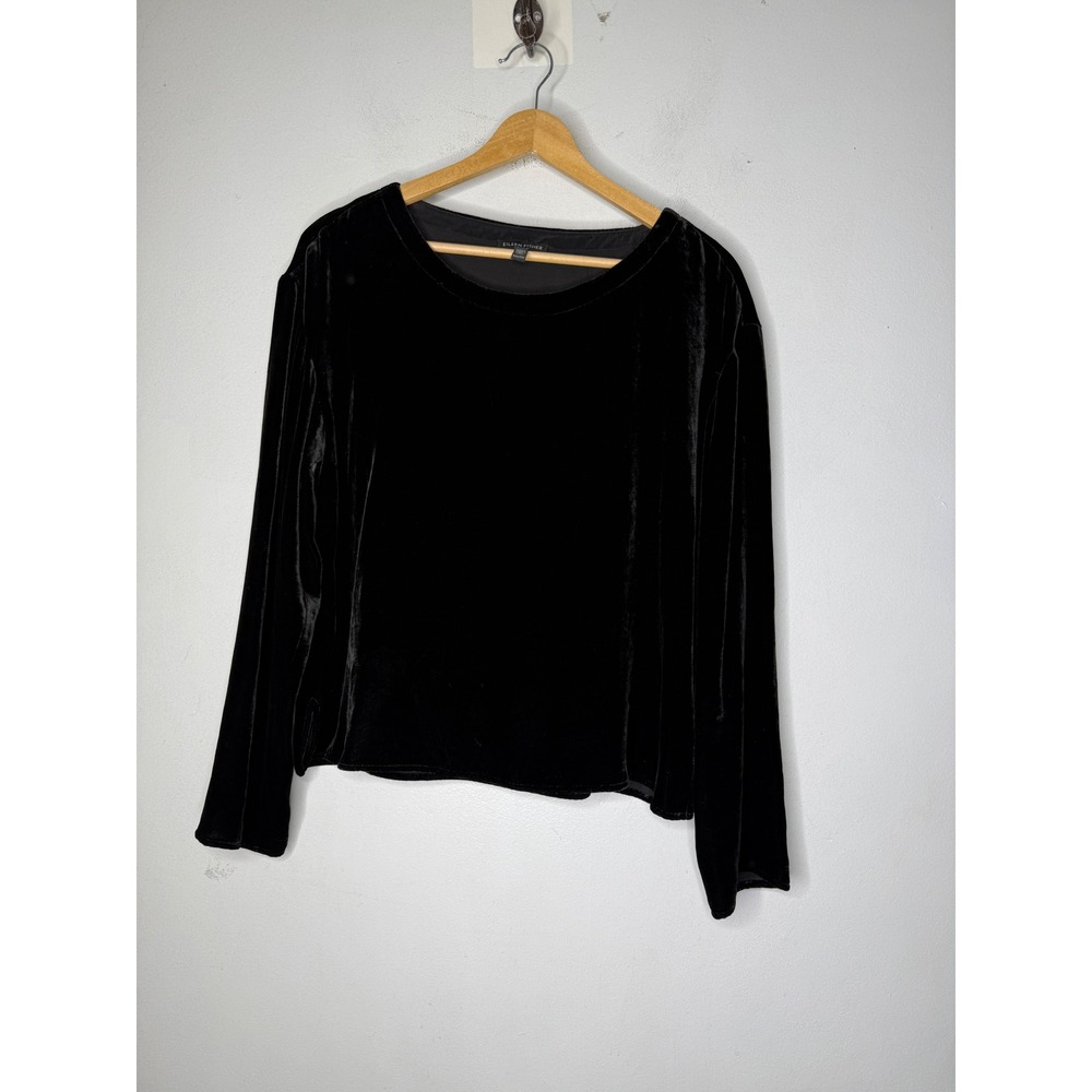 Eileen Fisher Black Silk Blend Velvet Long Sleeve Top Gathered Back XXS
